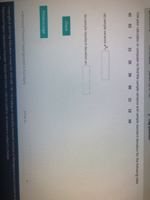  Use your calculator or computer to find the sample variance and