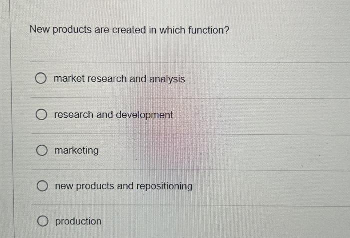  New products are created in which function? market research and analysis
