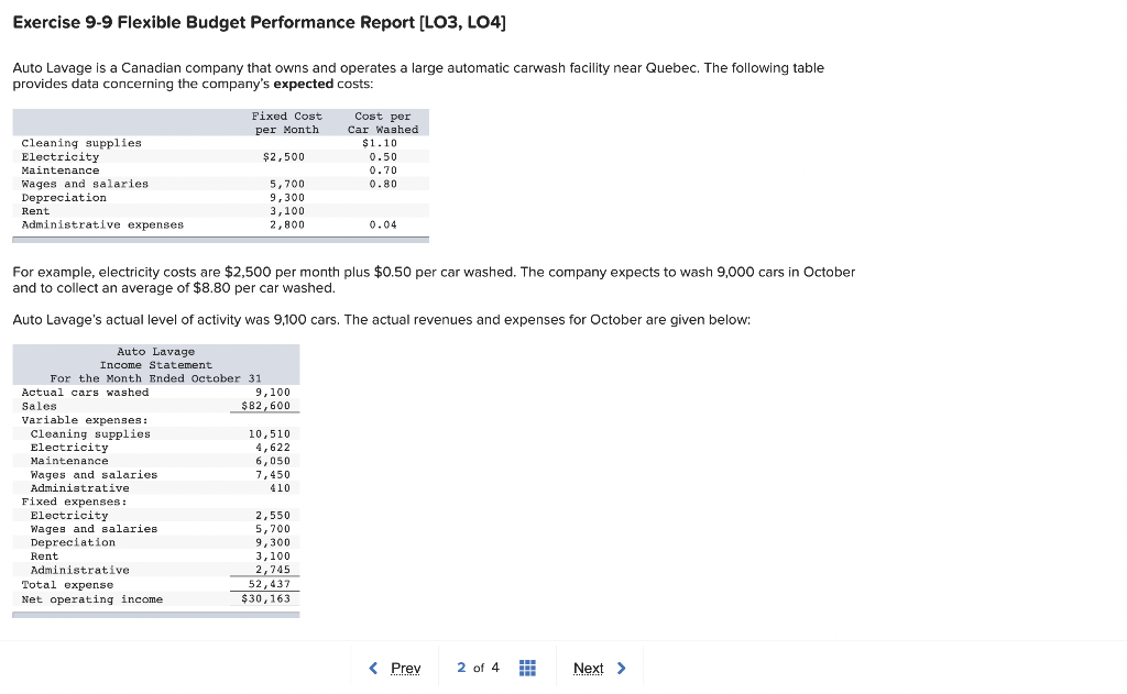  Exercise 9-9 Flexible Budget Performance Report [LO3, LO4] Auto Lavage is