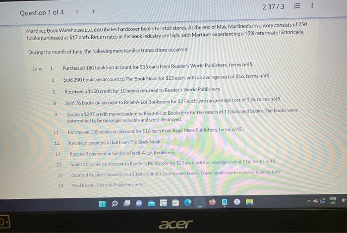 Record the transactions using a periodic inventory system Martinez Book Warehouse Ltd.