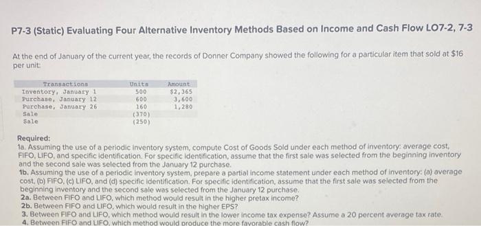  P7-3 (Static) Evaluating Four Alternative Inventory Methods Based on Income and