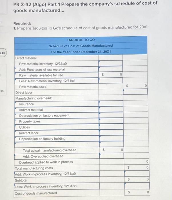 Required information PR 3-42 (Algo) Schedule of Cost of Goods Manufactured and