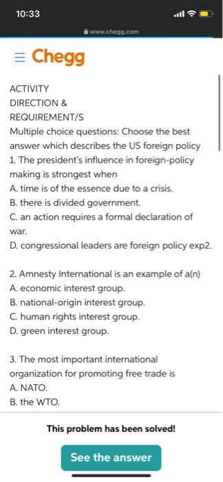  10:33 ill? www.chegg.com = Chegg ACTIVITY DIRECTION & REQUIREMENT/S Multiple choice