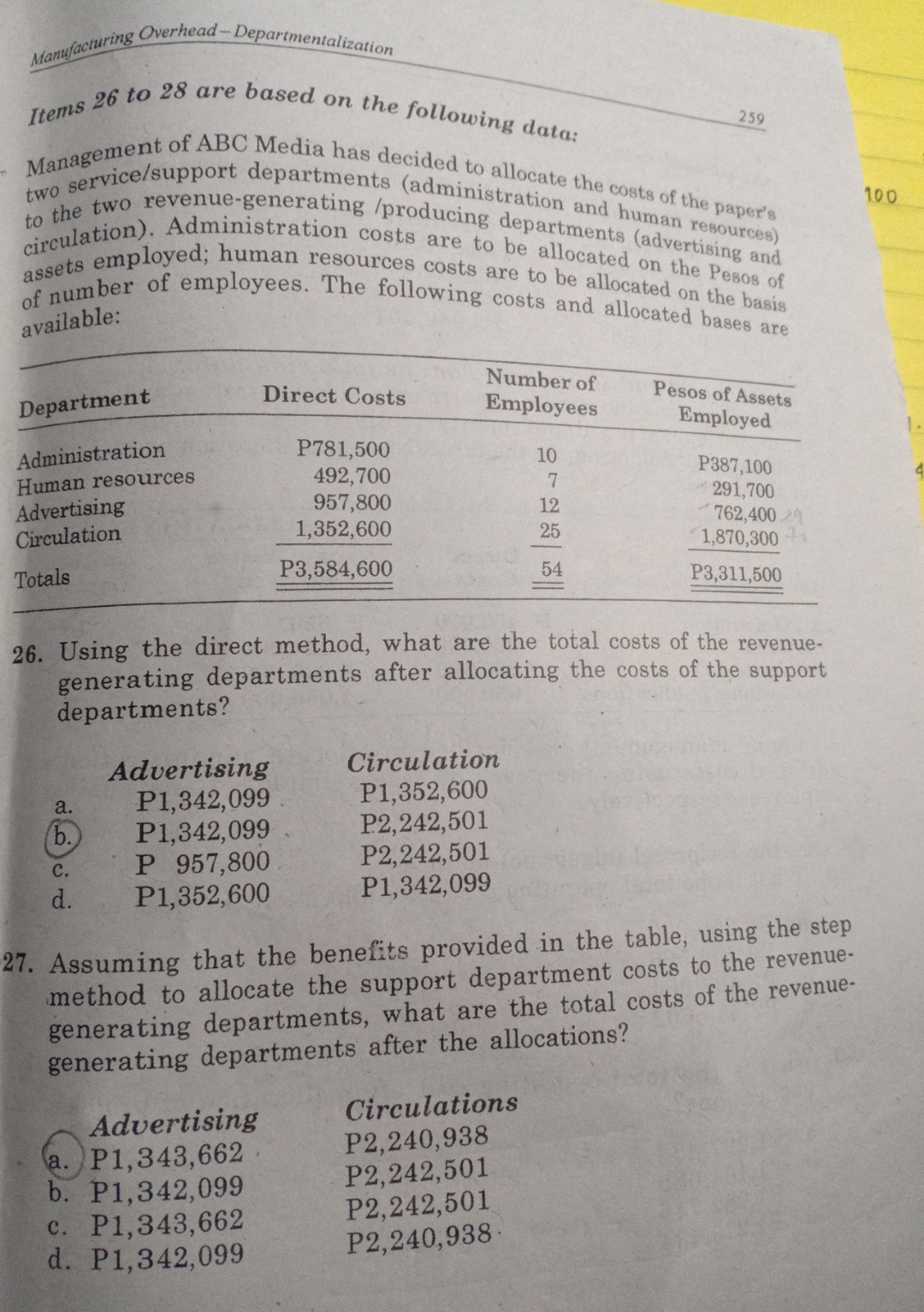  Using the reciprocal (algebraic) method, what are the total costs the