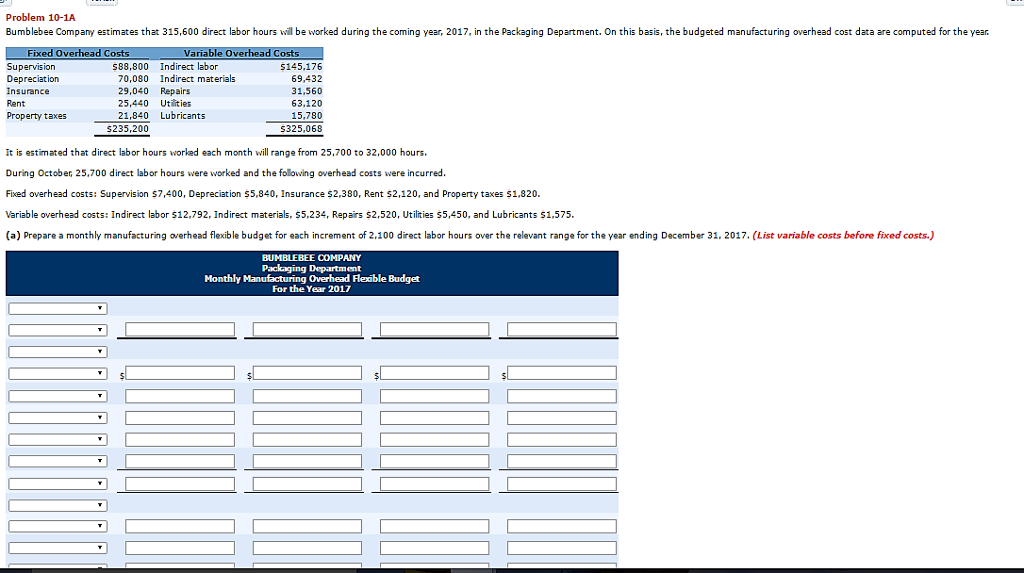 problem 10-A Problem 10-1A Bumblebee Company estimates that 315,600 direct labor hours