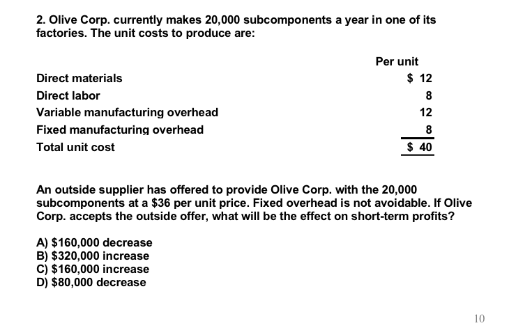 2. Olive Corp. currently makes 20,000 subcomponents a year in one