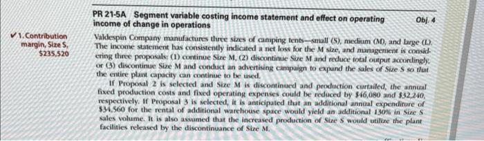 PR 21-5A Segment variable costing income statement and effect on operating
