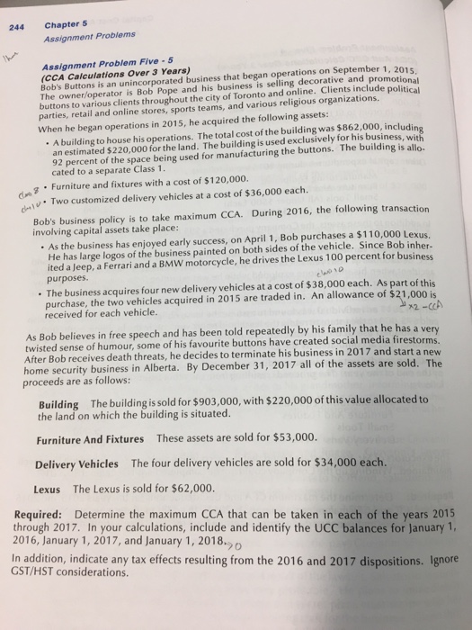  244 Chapter 5 Assignment Problems Assignment Problem Five -5 (CCA Calculations