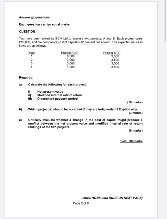  Answer all questions Each question carries equal marks QUESTION 1 You