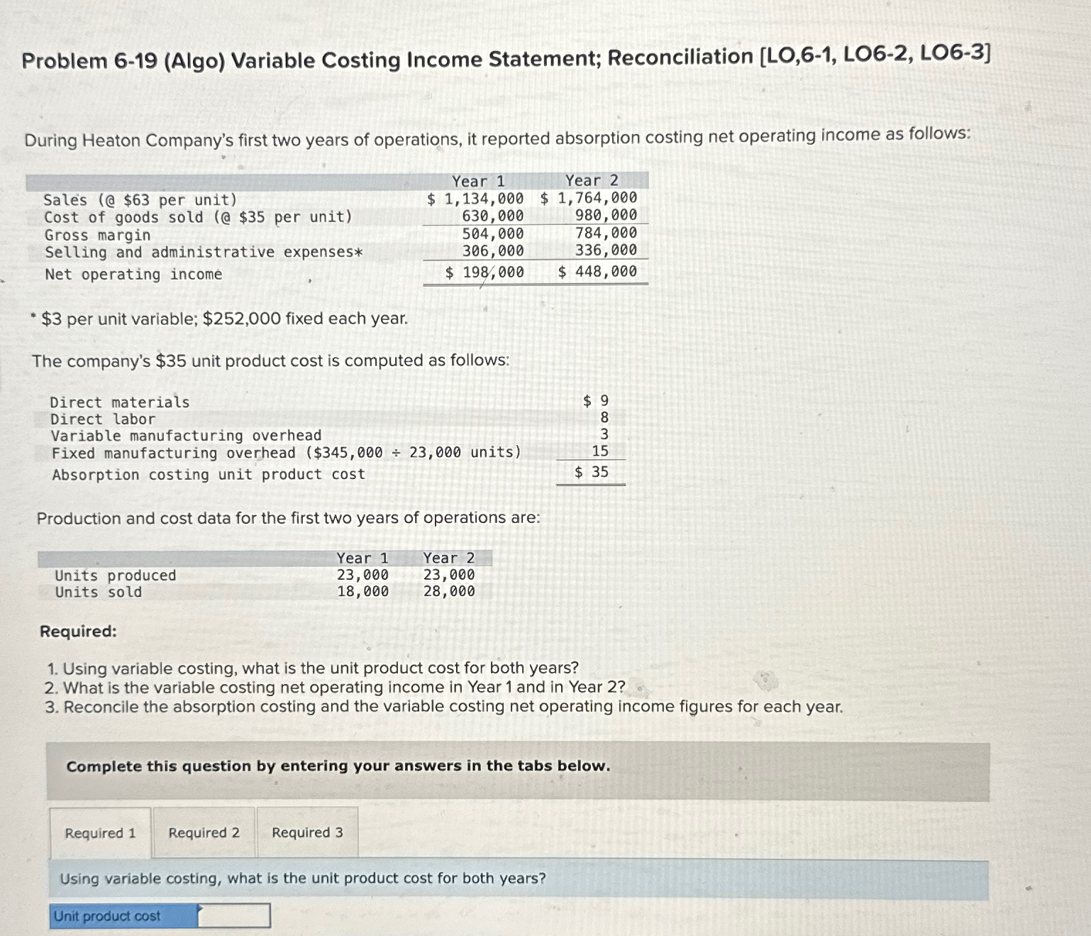  Problem 6-19(Algo) Variable Costing Income Statement; Reconciliation [LO,6-1, LO6-2, LO6-3] During