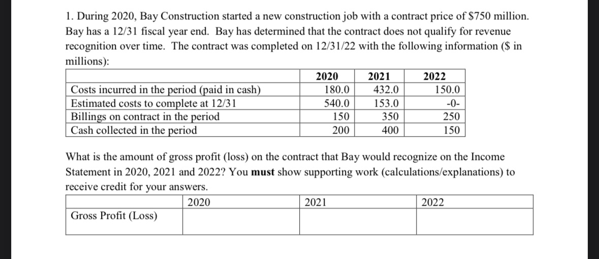  During 2020, Bay Construction started a new construction job with a