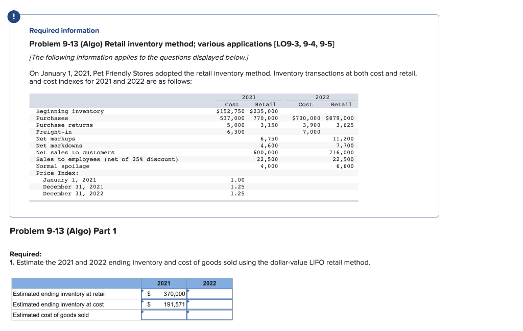  Required information Problem 9-13 (Algo) Retail inventory method; various applications [LO9-3,