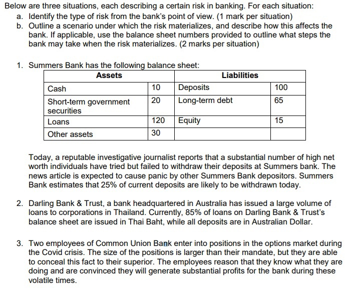  Below are three situations, each describing a certain risk in banking.