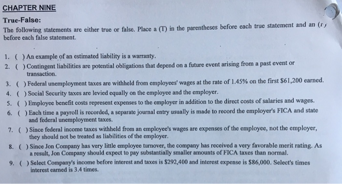  CHAPTER NINE True-False: before each false statement 1. g statements are