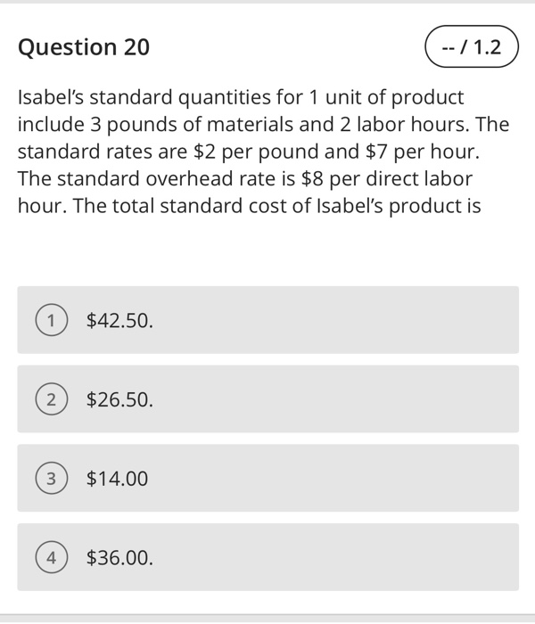 Question 20 -- / 1.2 Isabel's standard quantities for 1 unit