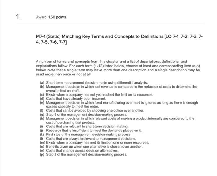  1. Award: 1.50 points M7-1 (Static) Matching Key Terms and Concepts