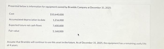 please help Presented below is information for equipment owned by Bramble Company