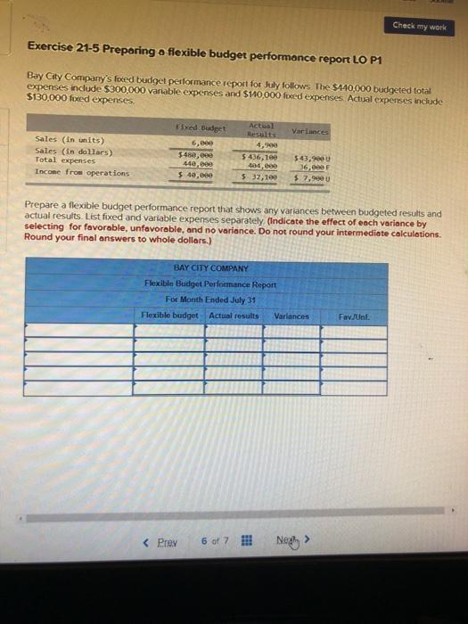  Check my work Exercise 21-5 Preparing a flexible budget performance report