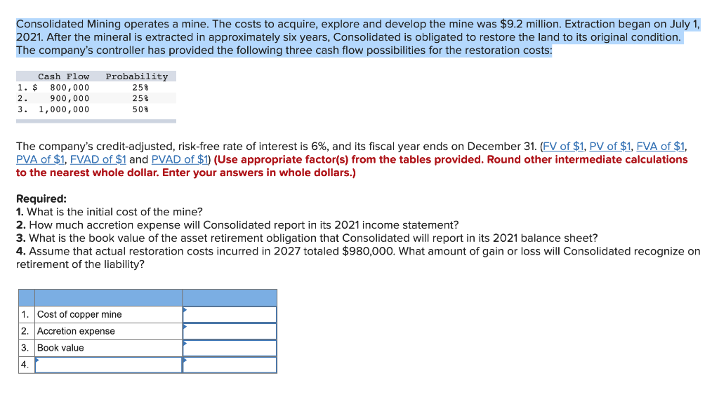  Consolidated Mining operates a mine. The costs to acquire, explore and
