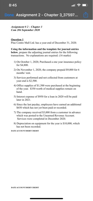 for Bobs Donuts Inc. below as of December 31, 2020 prepare: 1.