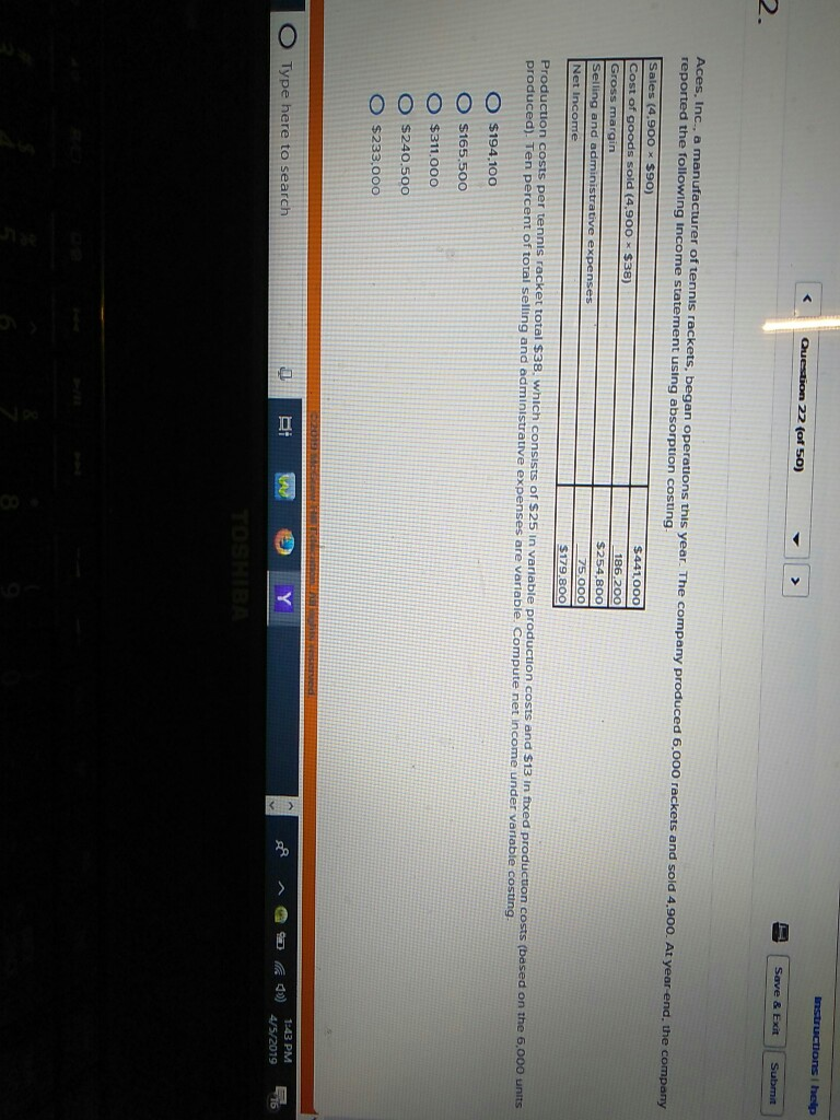 l help Quesaion 22 (ot 50) 2. Aces, Inc., a manufacturer