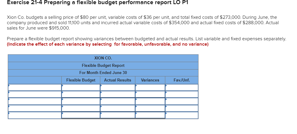  Exercise 21-4 Preparing a flexible budget performance report LO P1 Xion