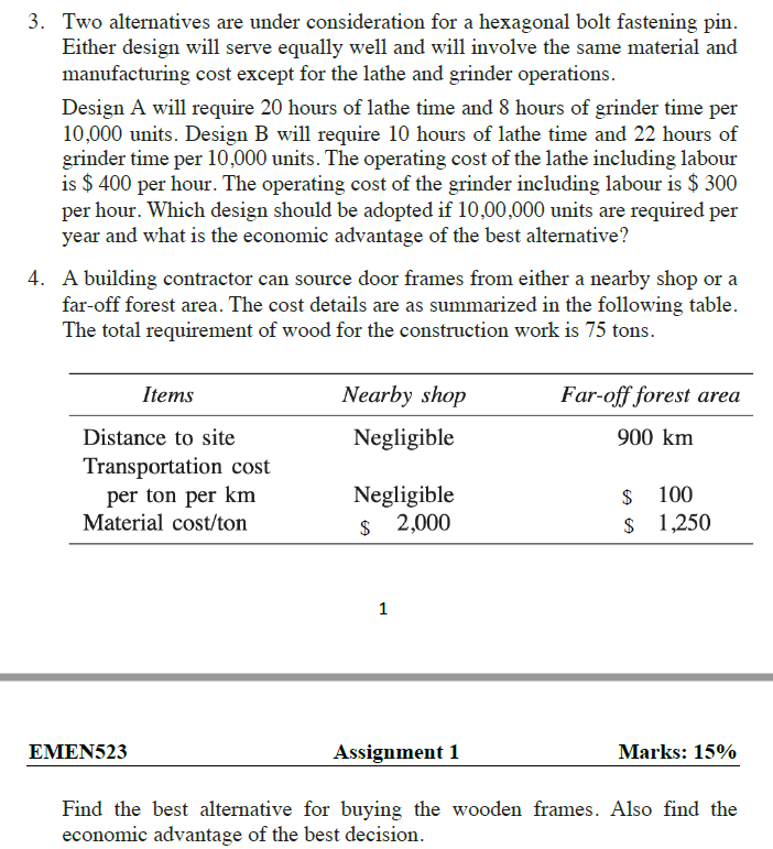 3. Two alternatives are under consideration for a hexagonal bolt fastening