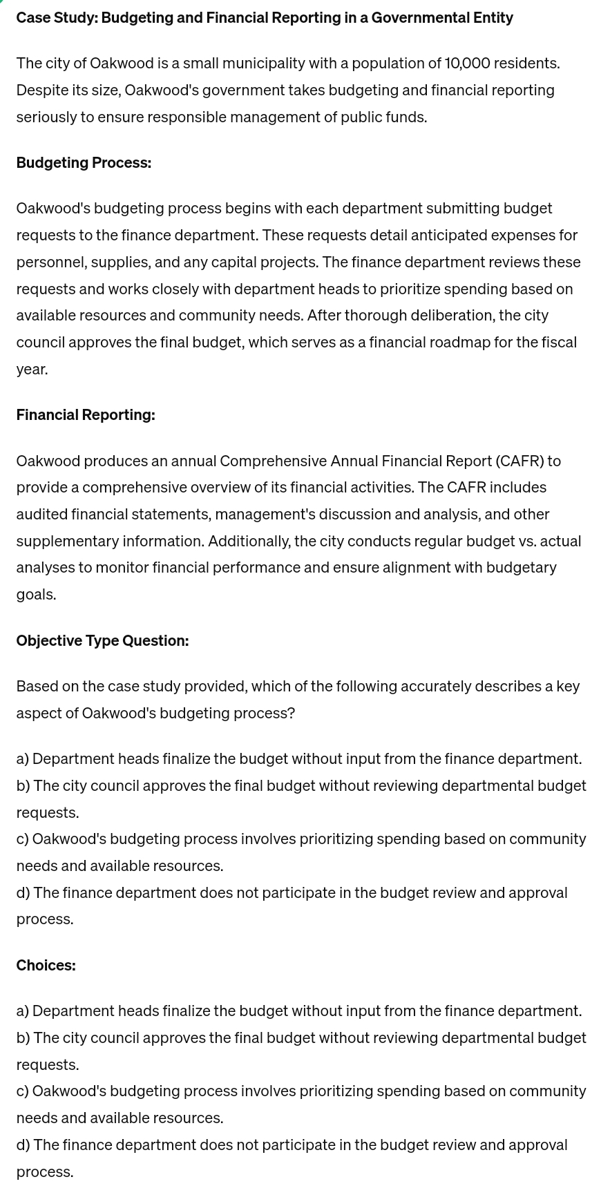  Case Study: Budgeting and Financial Reporting in a Governmental Entity The