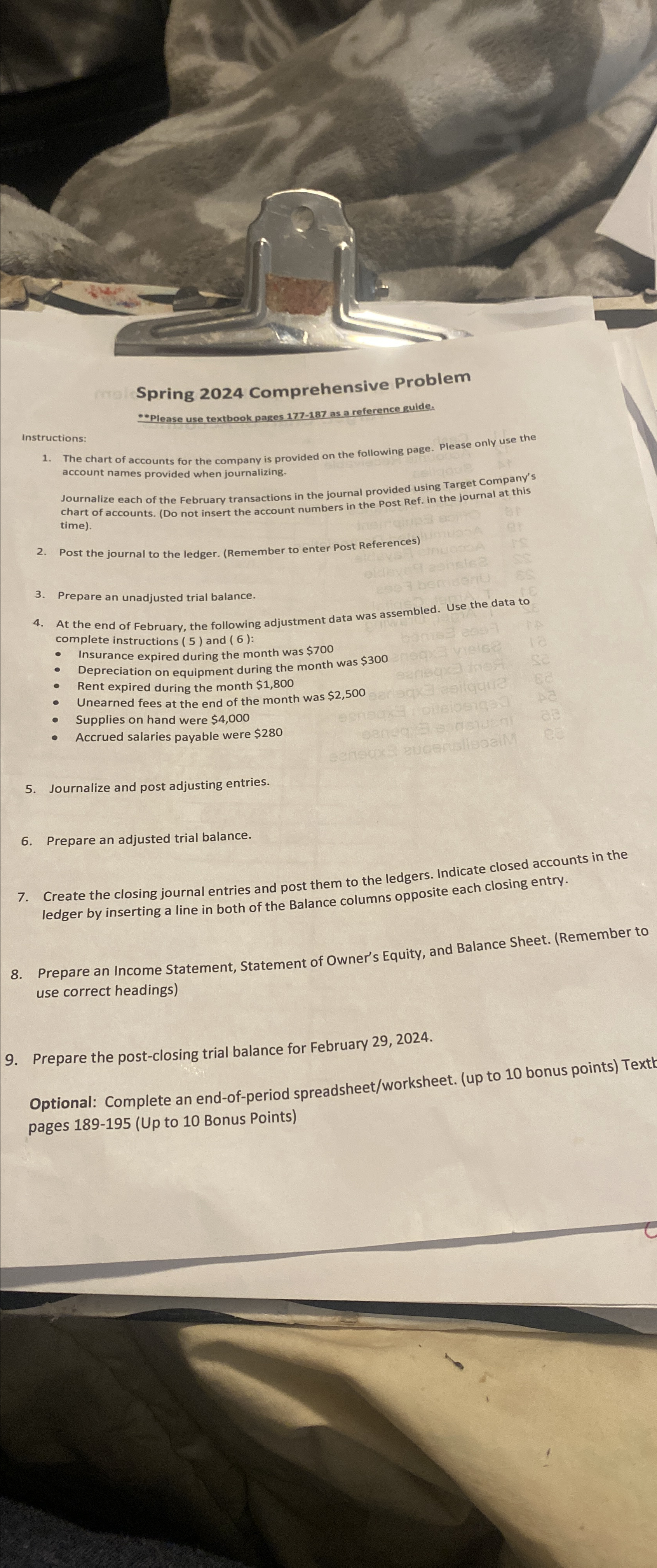  Spring 2024 Comprehensive Problem *PPlease use textbook pages 177-187 as a