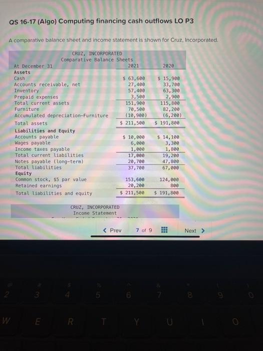  QS 16-17 (Algo) Computing financing cash outflows LO P3 A comparative