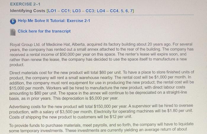  EXERCISE 2-1 Identifying Costs [LO1 - CC1; L03 - CC3; L04
