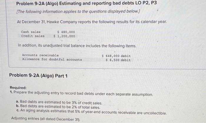  Problem 9-2A (Algo) Estimating and reporting bad debts LO P2, P3
