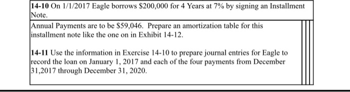  14-10 On 1/1/2017 Eagle borrows $200,000 for 4 Years at 7%