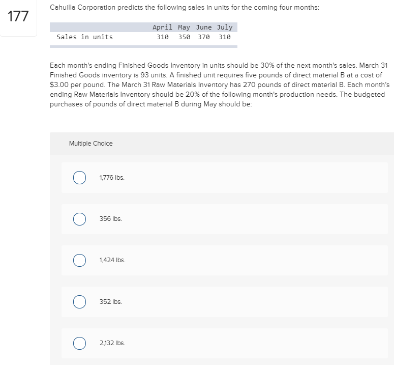 cost of goods manufactured for the period: 175 Beginning Raw Materials Inventory