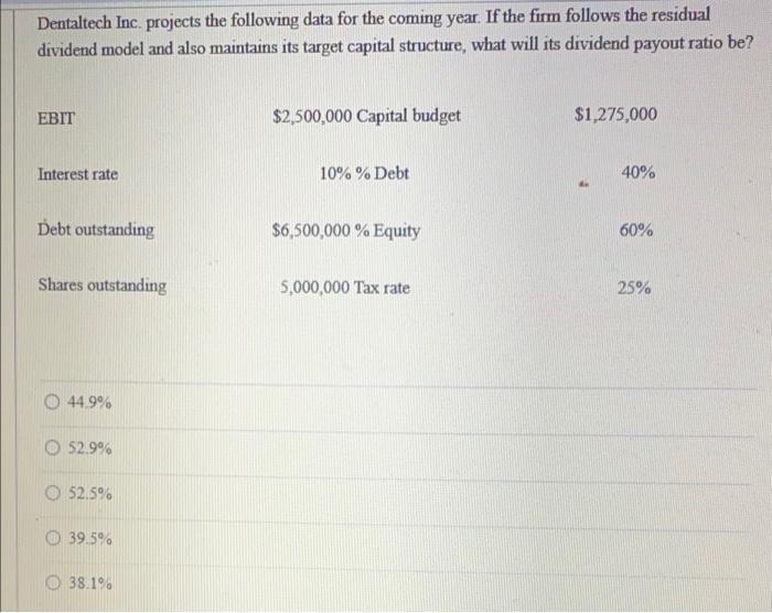 PLEASE HELP ASAP!! Dentaltech Inc, projects the following data for the coming