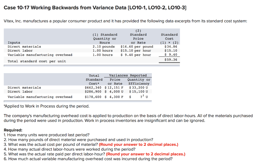  Case 10-17 Working Backwards from Variance Data [LO10-1, LO10-2, L010-3] Vitex,