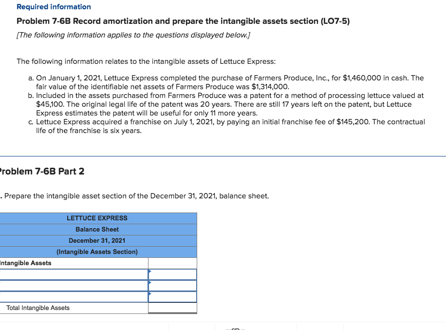  Required information Problem 7-68 Record amortization and prepare the intangible assets