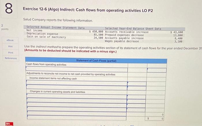  Exercise 12-6 (Algo) Indirect: Cash flows from operating activities LO P2