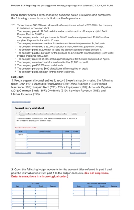  Problem 2-1A Preparing and posting journal entries; preparing a trial balance