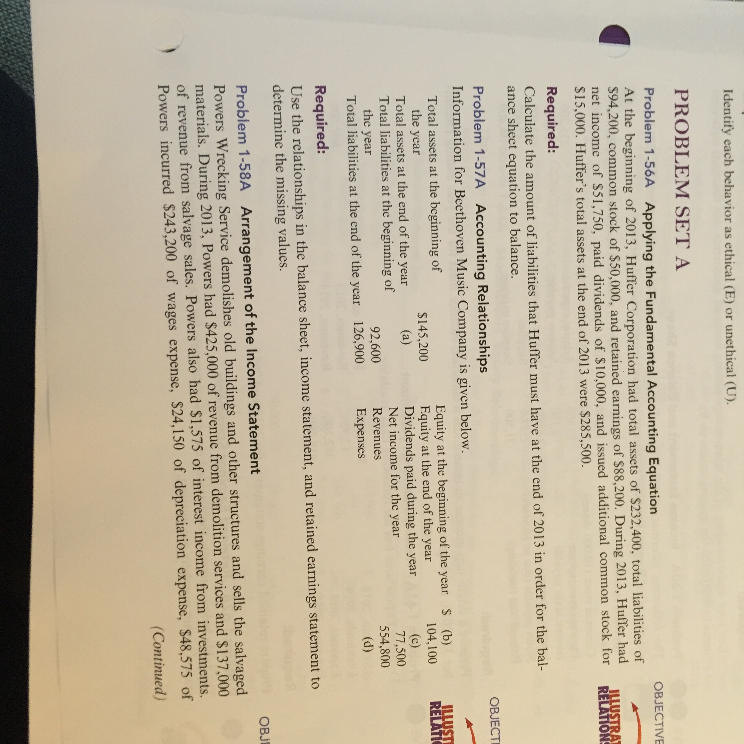 Please answer question 1-57 Identify each behavior as ethical (E) or unethical