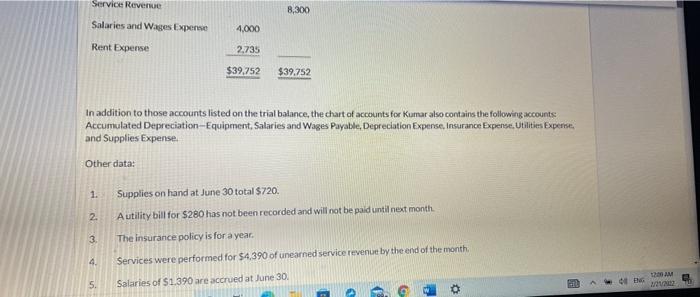 1, 2017. The trial balance at lune 30 is as follows. KUMAR