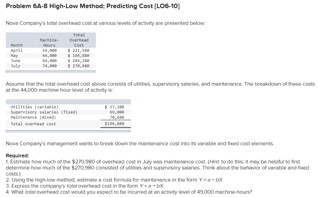  Problem 6A-8 High-Low Method; Predicting Cost (LO6-10] Nova Company's total overhead