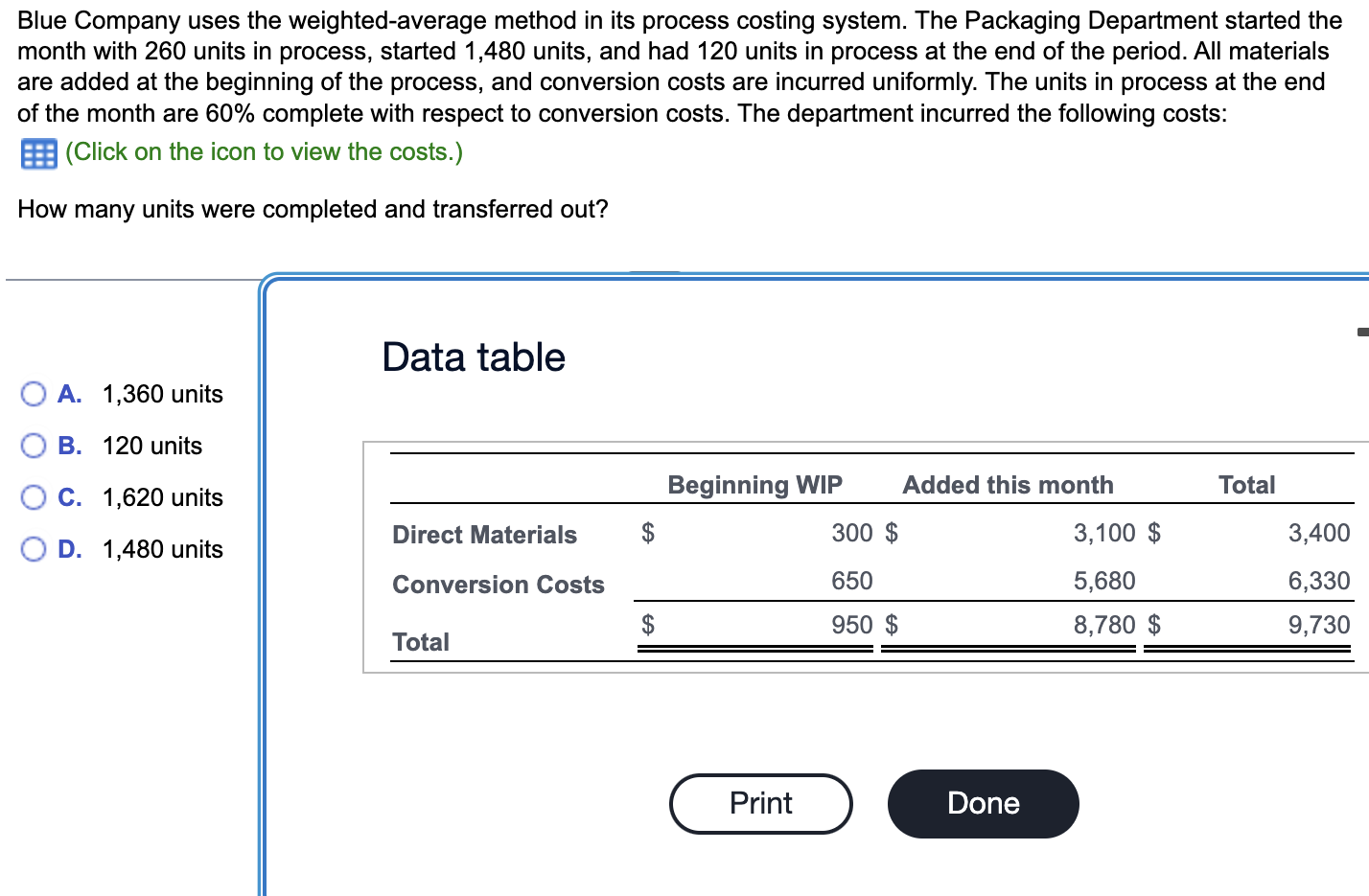  Blue Company uses the weighted-average method in its process costing system.