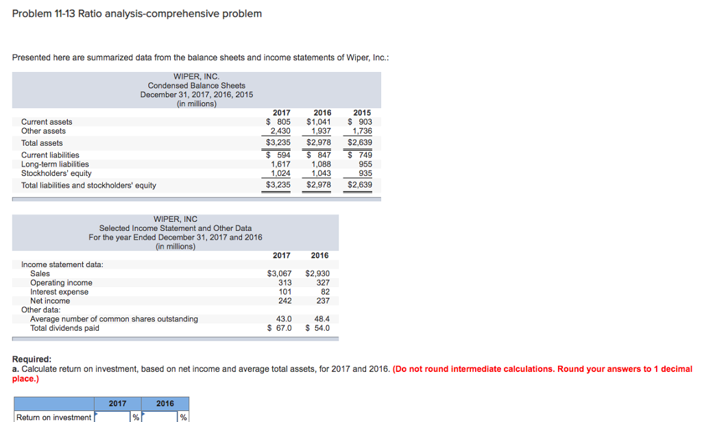 Problem 11-13 Ratio analysis-comprehensive problem Presented here are summarized data from