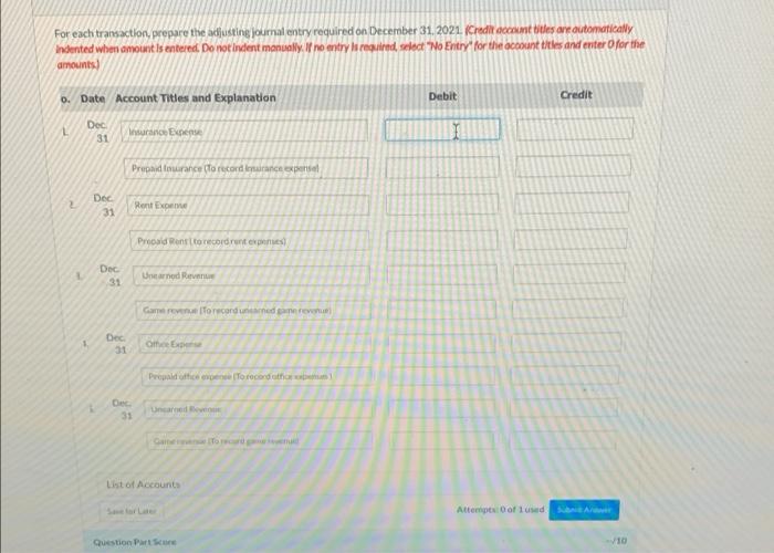  For each transaction, prepare the adjusting journal entry required on December