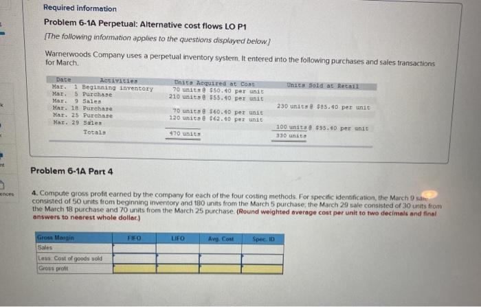 please help me solve thanks Required information Problem 6-1A Perpetual: Alternative cost