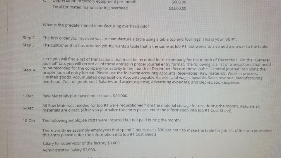 You work for Thunderduck Custom Tables Inc. This is the first month