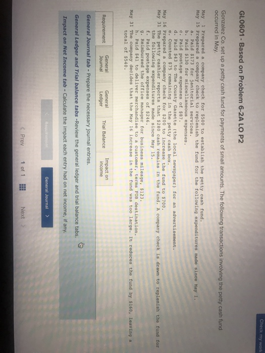  Check my work GLO601-Based on Problem 6-2A LO P2 Gonzalez Co.