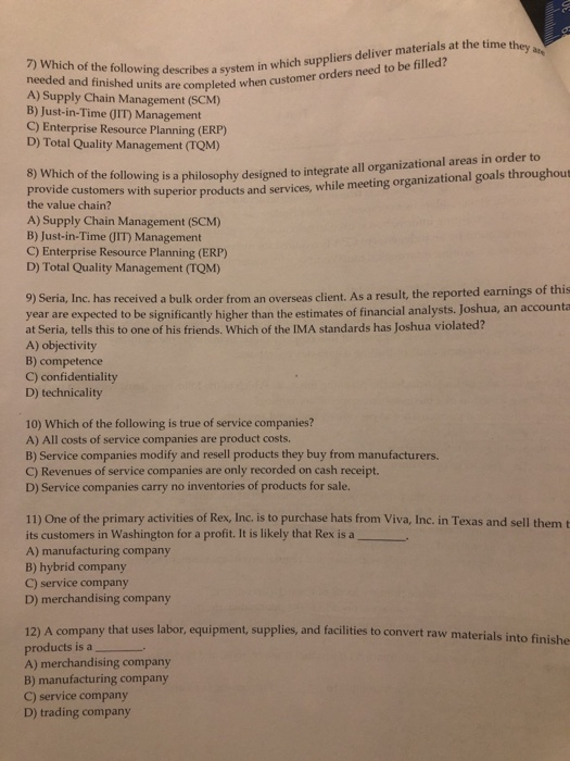  ey A) Supply Chain a units are completed when customer orders