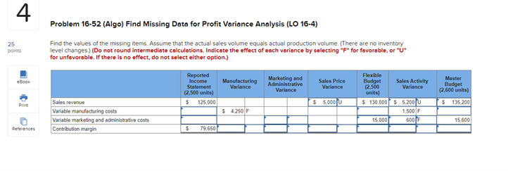  pLEASE SOLVE STUCK ON THIS Problem 16-52 (Algo) Find Missing Data
